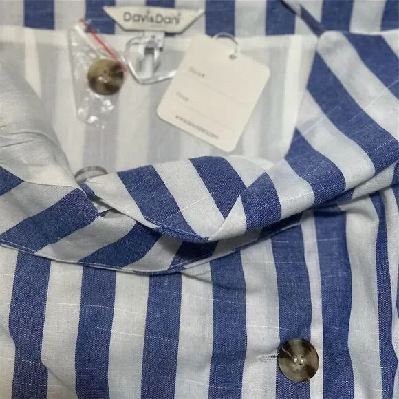 Davi & Dani Blue White Striped Sleeveless Waist Tie Belt Seam Pockets Wrap Dress - Picture 5 of 11